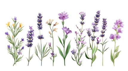 Obraz premium A beautiful collection of different purple flowers, showcasing their delicate petals and vibrant colors against a white background.
