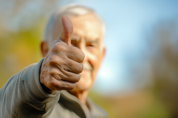 selective focus on the hand of a senior citizen man with his thumb up for the concept of agreement and satisfaction with a choice