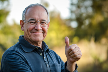 smiling senior citizen man wearing glasses with his thumb up for the concept of agreement and satisfaction with a choice