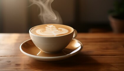 Obraz premium A beautifully poured flat white in a ceramic cup on a smooth cherry wood table, with steam c
