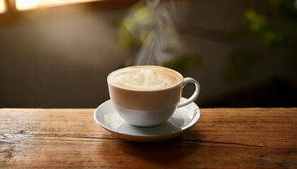 A beautifully poured flat white in a ceramic cup on a smooth cherry wood table, with steam c