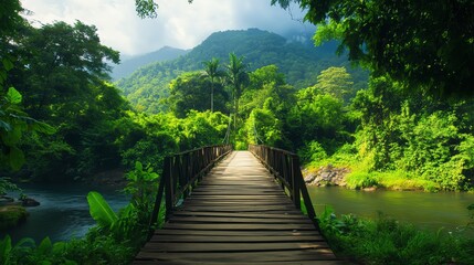 Fototapeta premium A serene wooden bridge crossing over a lush green landscape, surrounded by vibrant trees and mountains, perfect for nature lovers.