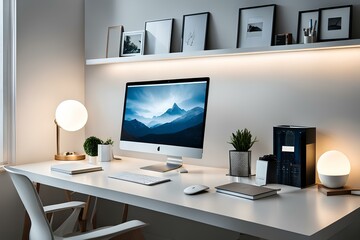 modern office interior with furniture, a modern study in a house, a white-toned room with a book and a desk