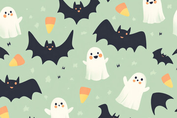 A whimsical Halloween seamless pattern featuring smiling bats, friendly ghosts, and candy corn on a soft pastel green background for a light-hearted feel.