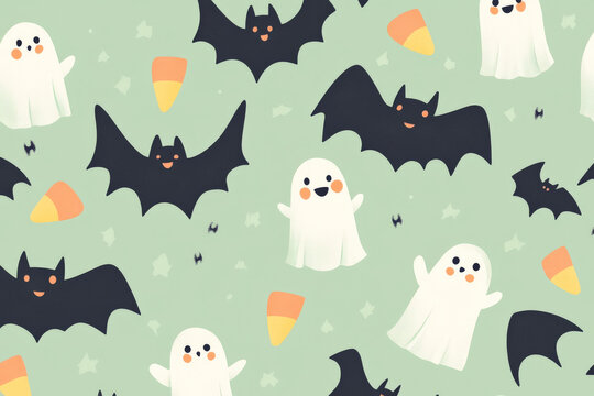 A whimsical Halloween seamless pattern featuring smiling bats, friendly ghosts, and candy corn on a soft pastel green background for a light-hearted feel.