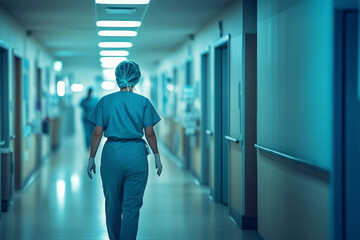 Back view of woman doctor nurse in blue scrubs walking in hallway of modern clinic.