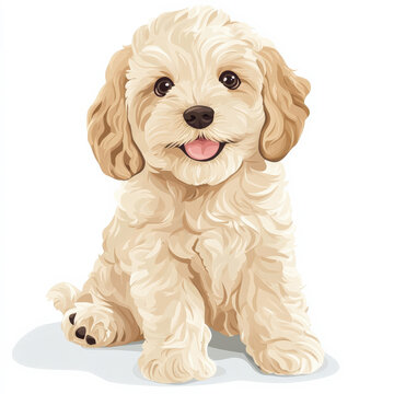 Flat design of a friendly cockapoo puppy sitting happily, rendered in light beige tones, isolated on white.