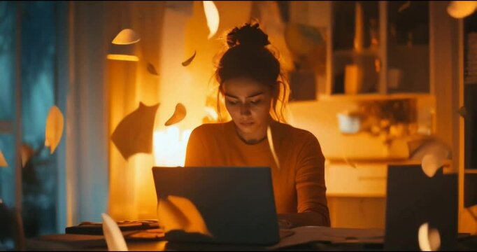 Focused woman working on laptop with papers flying, productivity and overwork concept.