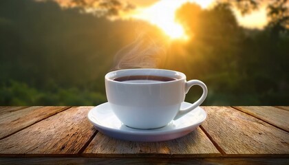 Obraz premium A simple white coffee cup filled with hot coffee on a weathered wooden table, with a warm gl
