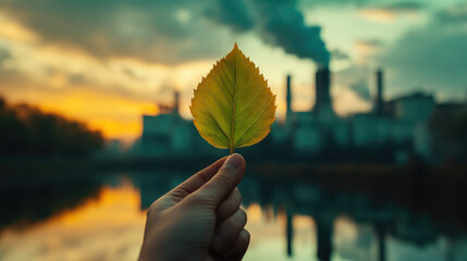 Hand holding a vibrant green leaf, clear reflection of industrial pollution in the background, symbolizing the contrast between genuine environmental efforts and deceptive greenwashing