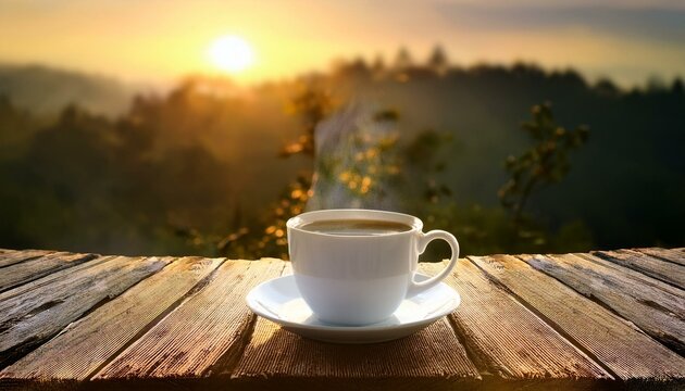 A simple white coffee cup filled with hot coffee on a weathered wooden table, with a warm gl