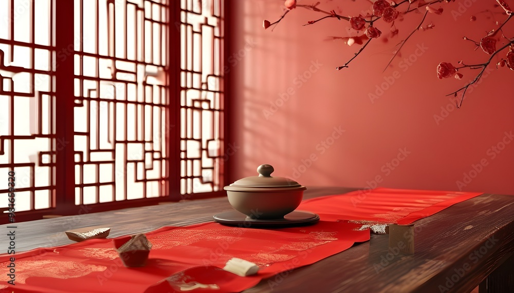 Wall mural vibrant red wall backdrop featuring an elegant long table arrangement for a captivating poster desig