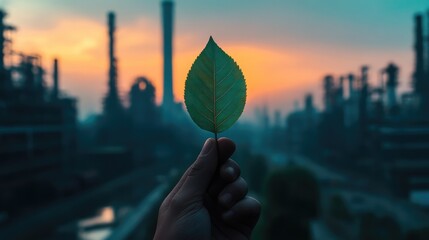 Hand holding a vibrant green leaf, clear reflection of industrial pollution in the background, symbolizing the contrast between genuine environmental efforts and deceptive greenwashing