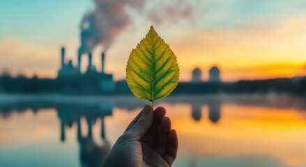 Hand holding a vibrant green leaf, clear reflection of industrial pollution in the background, symbolizing the contrast between genuine environmental efforts and deceptive greenwashing