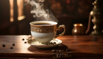 Fototapeta premium A steaming cup of dark coffee in a vintage-style porcelain mug on a rich mahogany table, wit