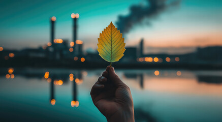 Hand holding a vibrant green leaf, clear reflection of industrial pollution in the background, symbolizing the contrast between genuine environmental efforts and deceptive greenwashing