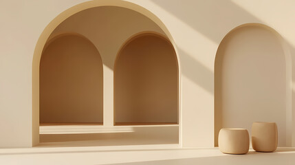 Minimalist beige archways in abstract design interior. Minimalism. Illustration