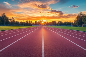 Naklejka premium Empty nobody running track with sunset sky, sport background , ai