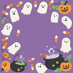A playful Halloween border with ghosts, candy corn, and cauldrons bubbling, illustrated in bright orange, white, and green, on a soft purple background.