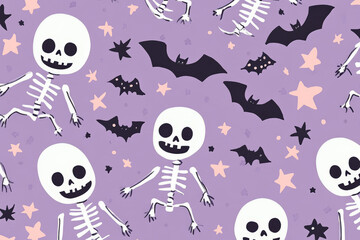 A cheerful Halloween pattern featuring smiling skeletons, little bats, and stars, all on a pastel purple background, creating a fun and festive look.