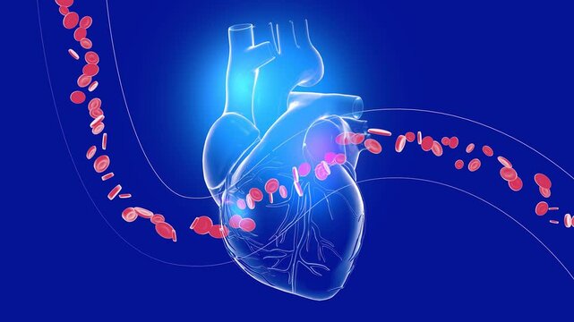 3d animation of a transparent beating heart, with coronary arteries. With an artery or vein showing the circulation of red blood cells. Cut out on blue background.