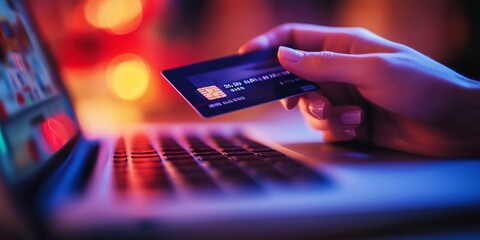 photography of hands holding a credit card while typing on a laptop, perfect for e-commerce, online shopping, and technology backgrounds, ideal for business websites