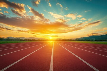 Empty nobody running track with sunset sky, sport background , ai