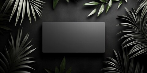 Elegant black card surrounded by tropical green leaves on a dark textured surface