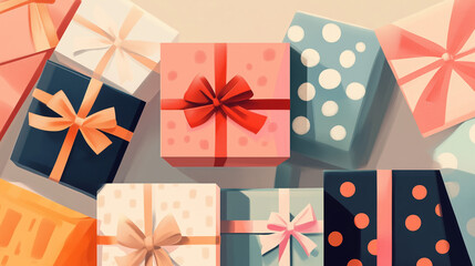 colorful presents wrapped with bows on solid background