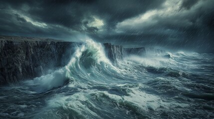 Dramatic Stormy Seascape with Crashing Waves and Towering Cliffs