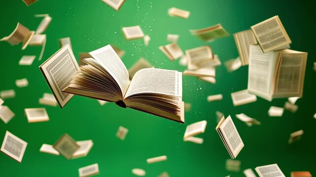 Open book with blank pages is gracefully floating in the air, surrounded by a collection of closed books on a vibrant green screen background