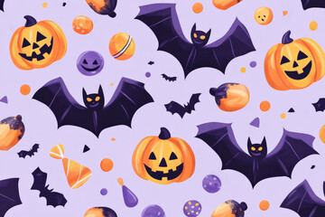 A cheerful Halloween pattern featuring playful bats, jack-o-lanterns with happy faces, and candy treats, all set against a light purple backdrop.