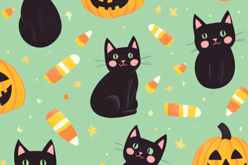 A happy Halloween pattern with smiling black cats, jack-o-lanterns, and candy corn floating across a pastel green backdrop for a playful look.