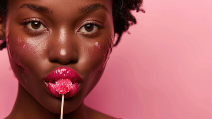 Woman enjoying a sugary treat in an artistic pink-lit portrait
