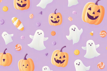 A whimsical Halloween pattern with happy jack-o-lanterns, friendly ghosts, and candy, all scattered on a pastel purple background.
