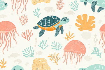 Fototapeta premium A vibrant seamless pattern featuring playful turtles, jellyfish, and coral in soft pastel colors for ocean-inspired kids' room decor.