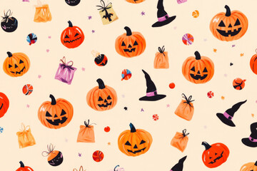 A happy Halloween pattern with bright pumpkins, little witches, and tiny candy bags scattered across a light peach background for a fun vibe.