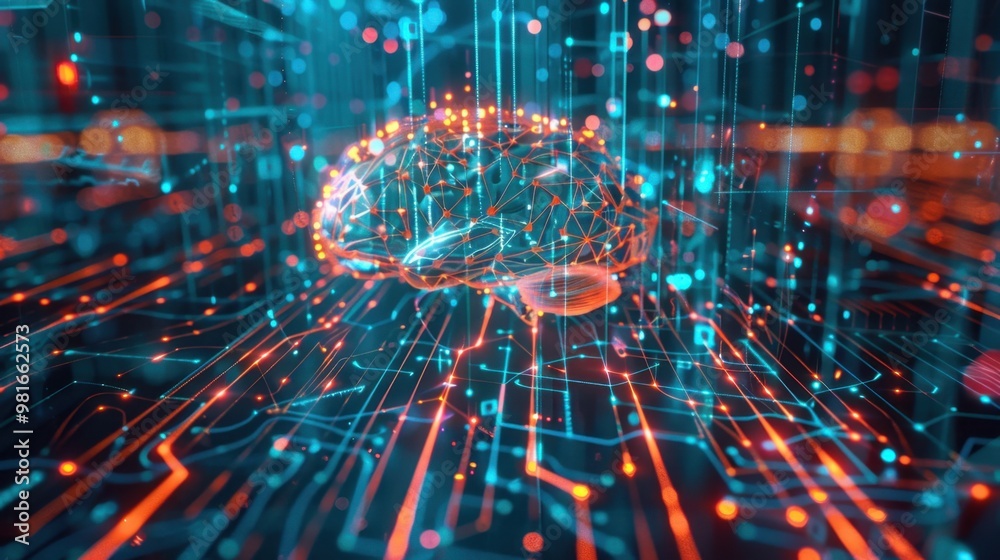 Poster a digital brain with circuit lines representing artificial intelligence in cybersecurity defense sys