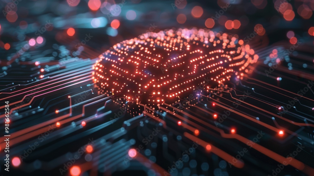 Poster a digital brain with circuit lines representing artificial intelligence in cybersecurity defense sys