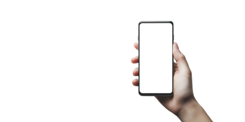 Nowoczesny smartfon o przezroczystym ekranie, trzymany w dłoni. Przezroczyste tło sprawia, że telefon idealnie wpasowuje się w różnorodne projekty technologiczne.