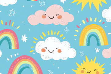 A colorful doodle pattern featuring smiling clouds, rainbows, and suns in bright pastels, perfect for kids' fabric or wallpaper.