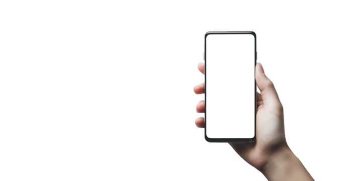 Nowoczesny smartfon o przezroczystym ekranie, trzymany w dłoni. Przezroczyste tło sprawia, że telefon idealnie wpasowuje się w różnorodne projekty technologiczne.