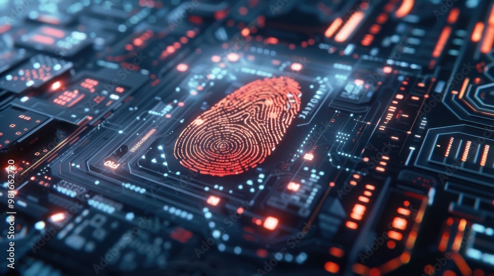 Poster a digital fingerprint scanning on a virtual interface symbolizing secure access and identity verific