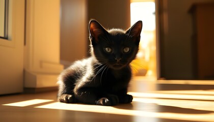 A serene black kitten sits peacefully in a sun-drenched room, bathed in the warm, soft glow of natural light that pours in through the doorway.