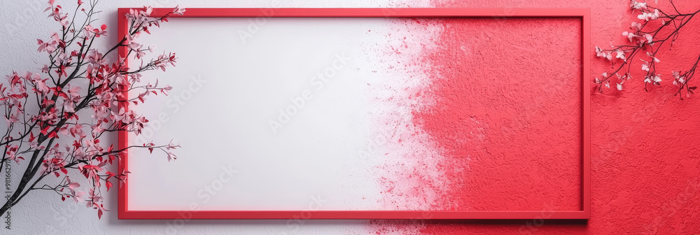 Poster Red frame with pink flowers on a white and red wall