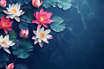 A radiant floral background with pink and white lotus flowers gently floating on a deep blue water surface, creating a peaceful and serene vibe.