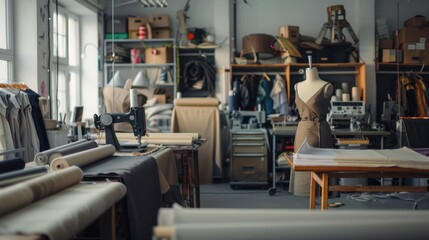 A fashion design studio with fabric rolls, sewing machines, and mannequins draped with cloth, ready for a new creation