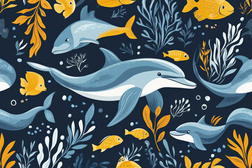 Obraz premium Seamless marine pattern with dolphins, fish, and seaweed in a colorful, playful design, ideal for kids' room wallpaper or decor.