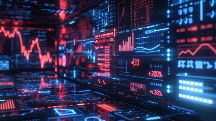 A futuristic holographic display showing financial data and currency symbols, symbolizing advanced finance
