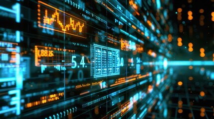A futuristic holographic display showing financial data and currency symbols, symbolizing advanced finance